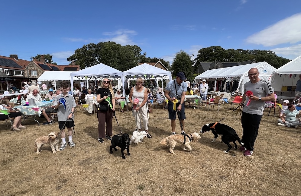 Dogs collecting their rosettes at a fun dog show